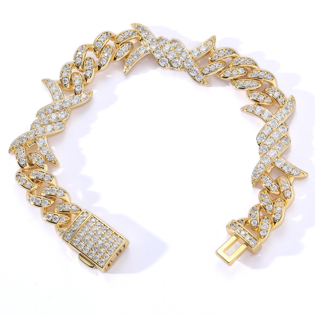 10MM 18K Gold Iced Out Barb Wire Cuban Link Bracelet