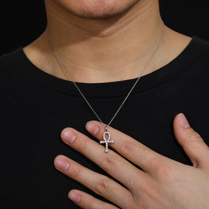 Moissanite and Diamond Micro Cross Pendant Necklace (Sterling Silver)