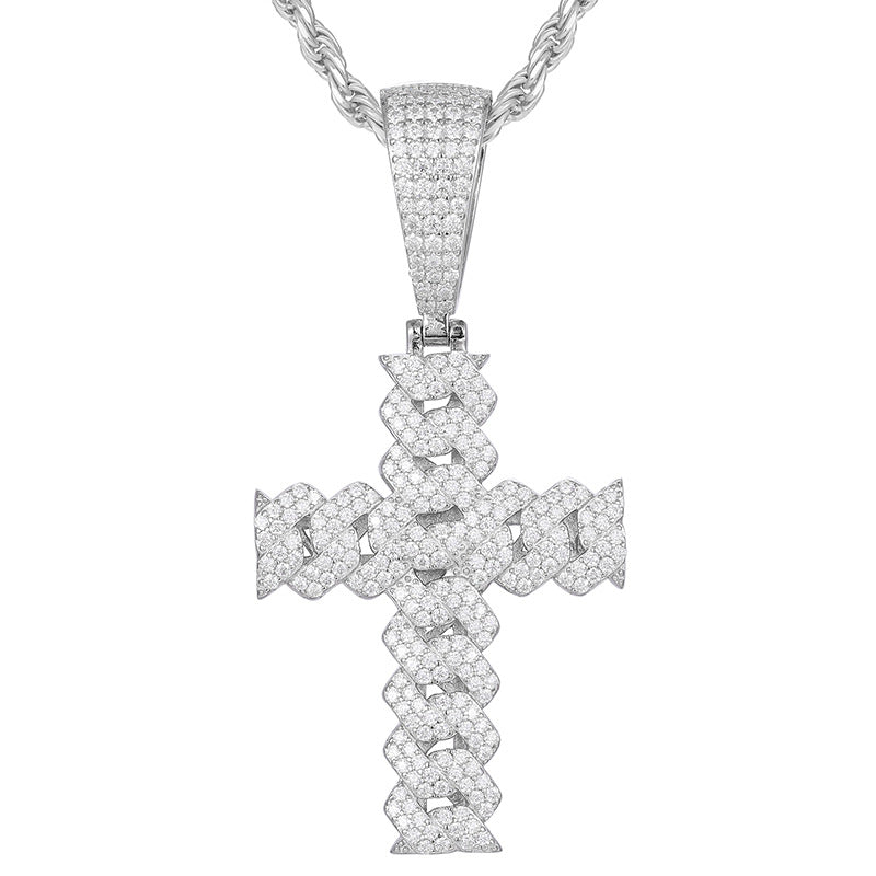 Moissanite and Diamond Cuban Cross Sterling Silver Pendant