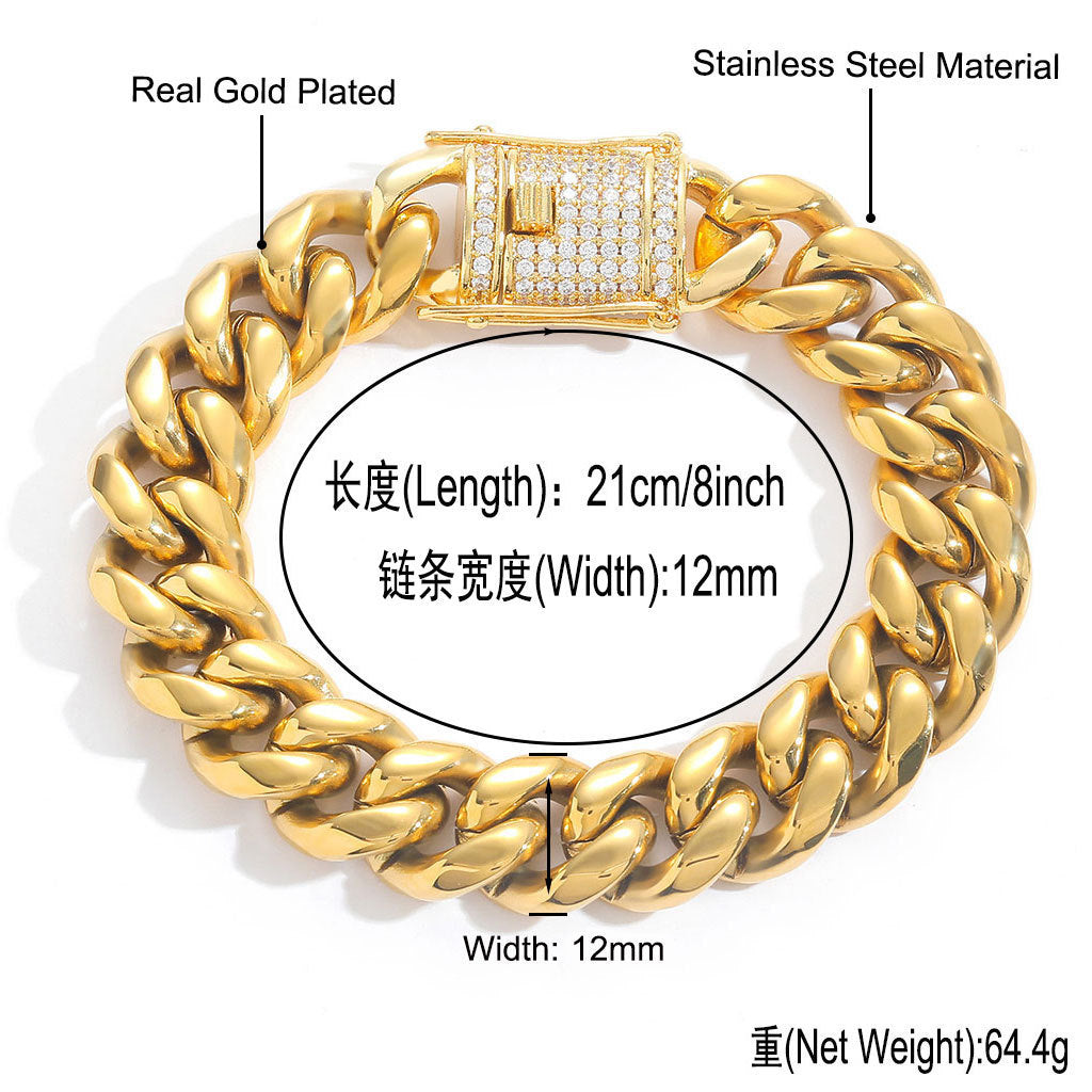 8/10/12/14/16/18MM 14K Gold Plated  Stainless Steel Iced Out Miami Cuban Link Bracelet
