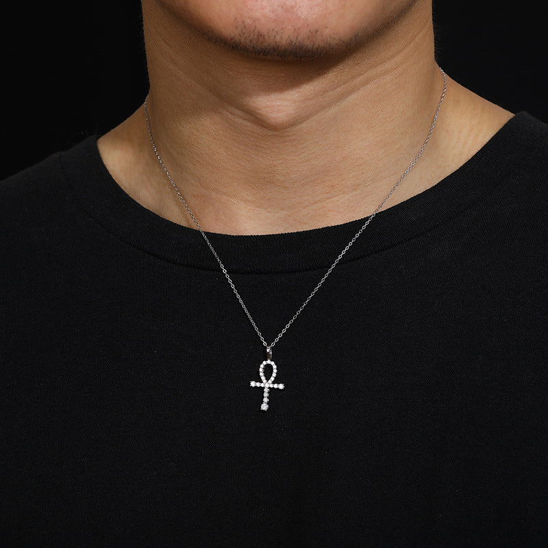 Moissanite and Diamond Micro Cross Pendant Necklace (Sterling Silver)