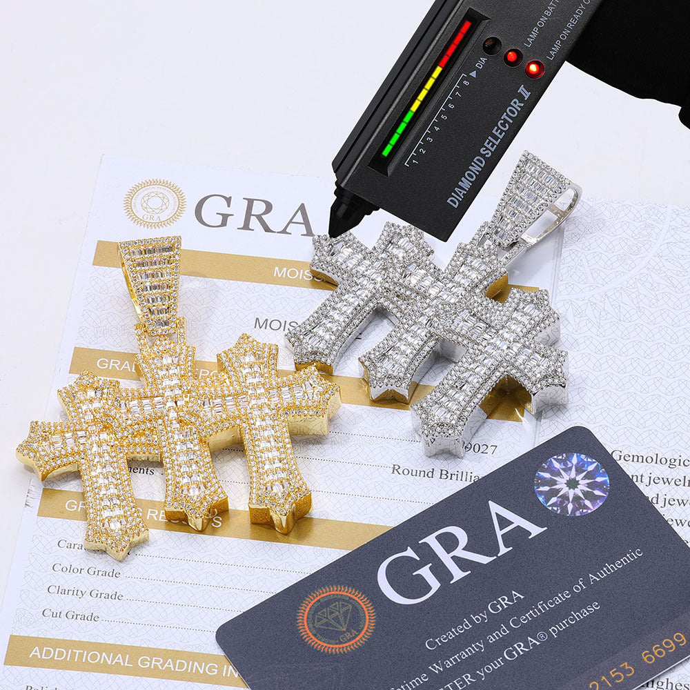 Moissanite Iced Out Baguette Cut Triple Cross Pendant gubanlink