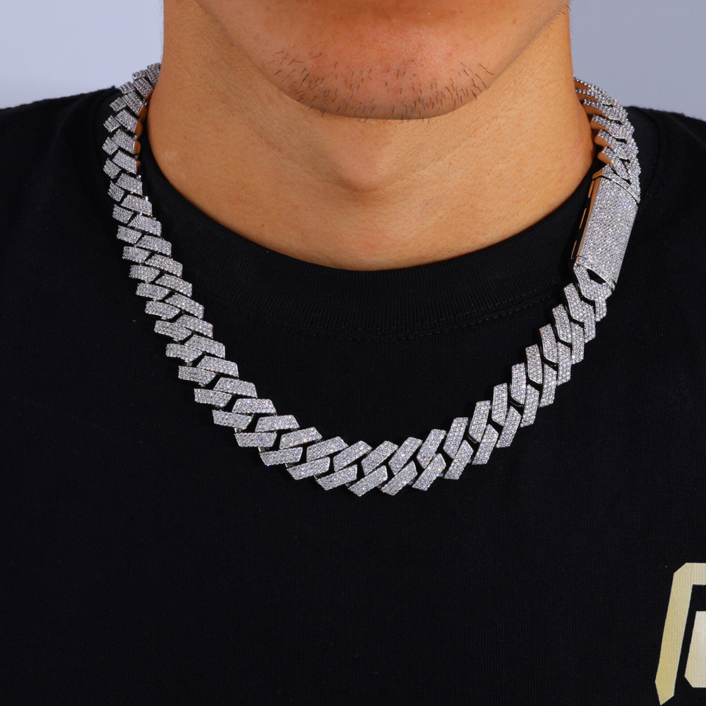 12mm S925 silver moissanite three-row  diamond Cuban Link Chain