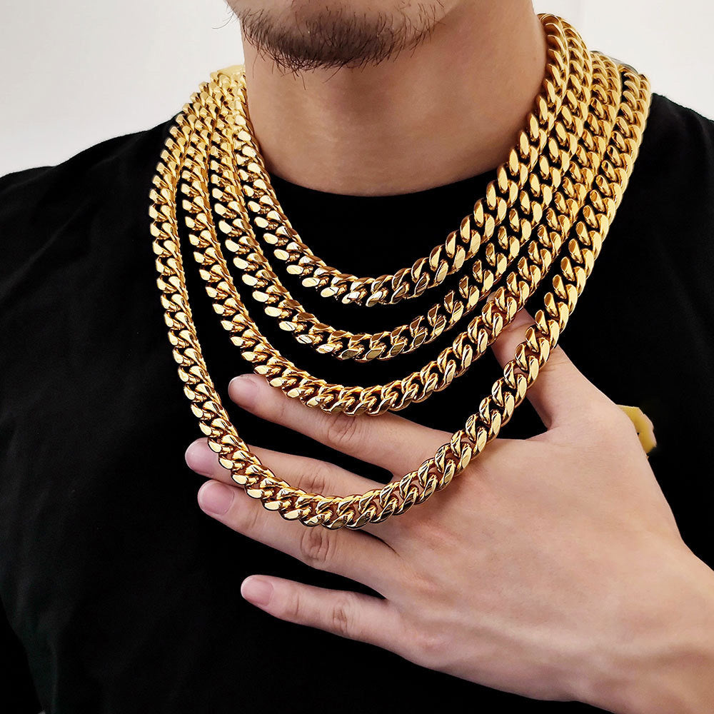 8/10/12/14/16/18MM 14K Gold Plated  Stainless Steel Iced Out Miami Cuban Link Chain
