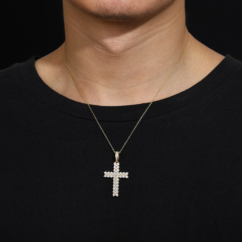 Hip Hop Moissanite Cross Pendant Gold Plated Necklace