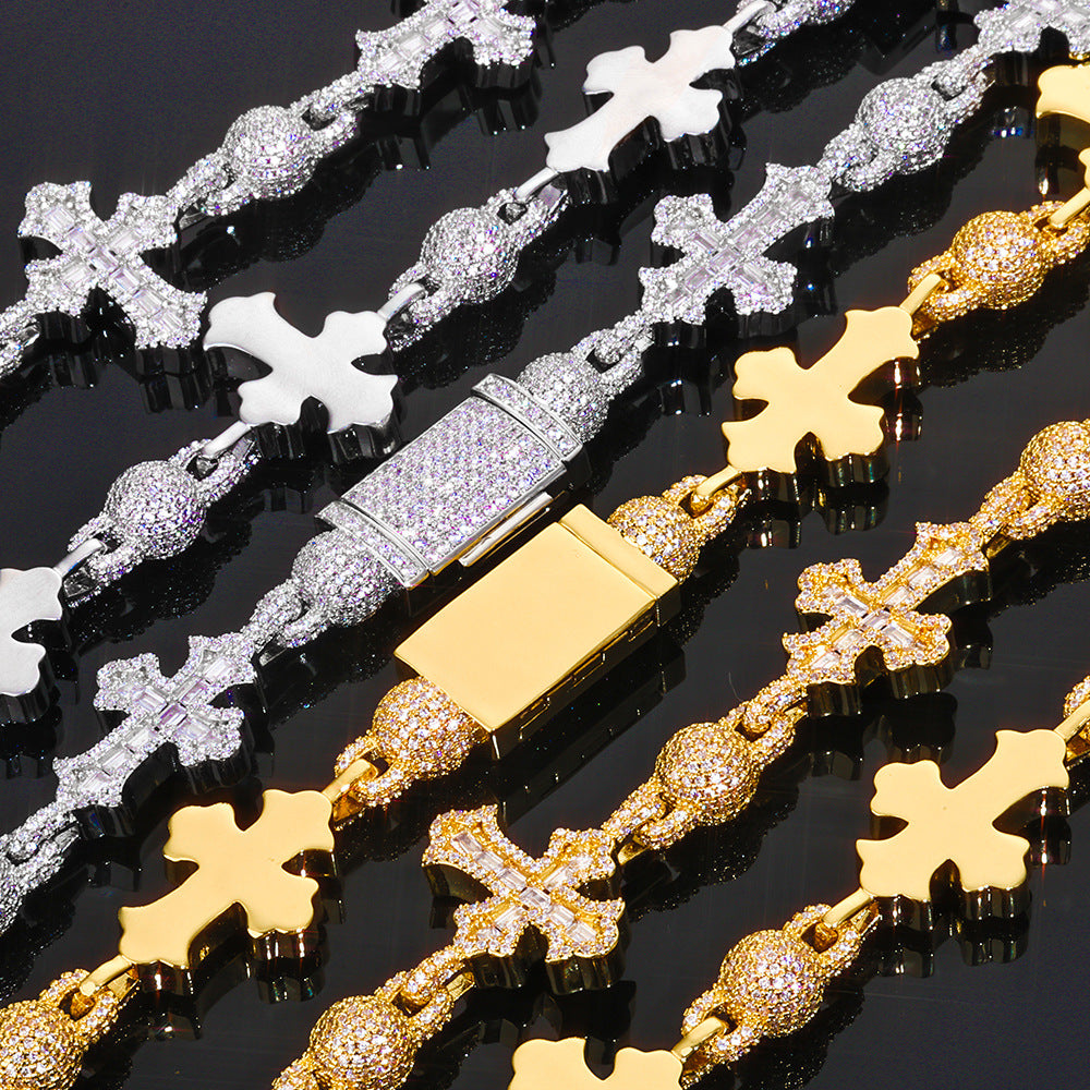 Full Diamond Round Bead T Square Zirconia Cross Cuban Link