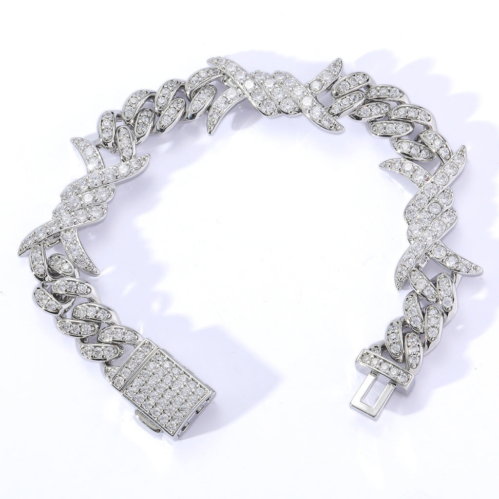10MM White Gold Iced Out Barb Wire Cuban Link Bracelet