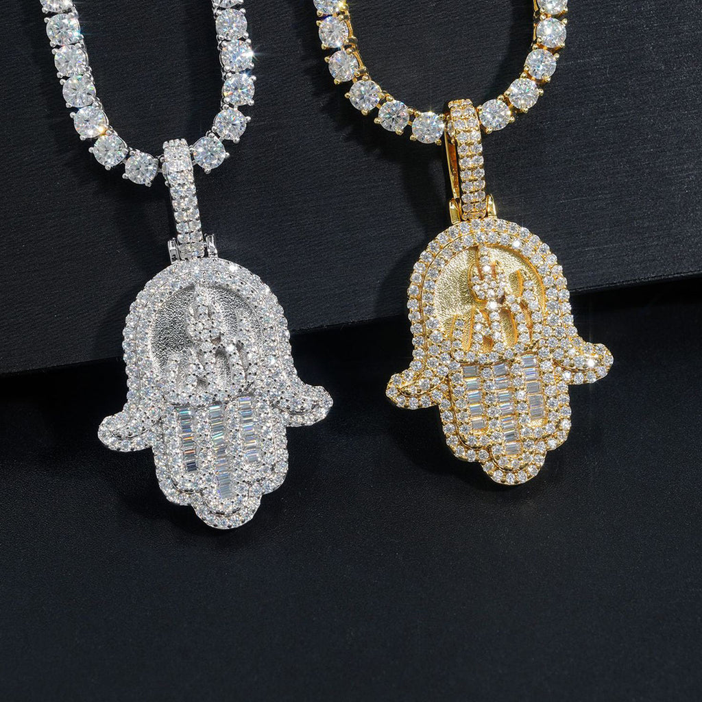 Silver Moissanite Diamond Baguette Hamsa Hand Necklace