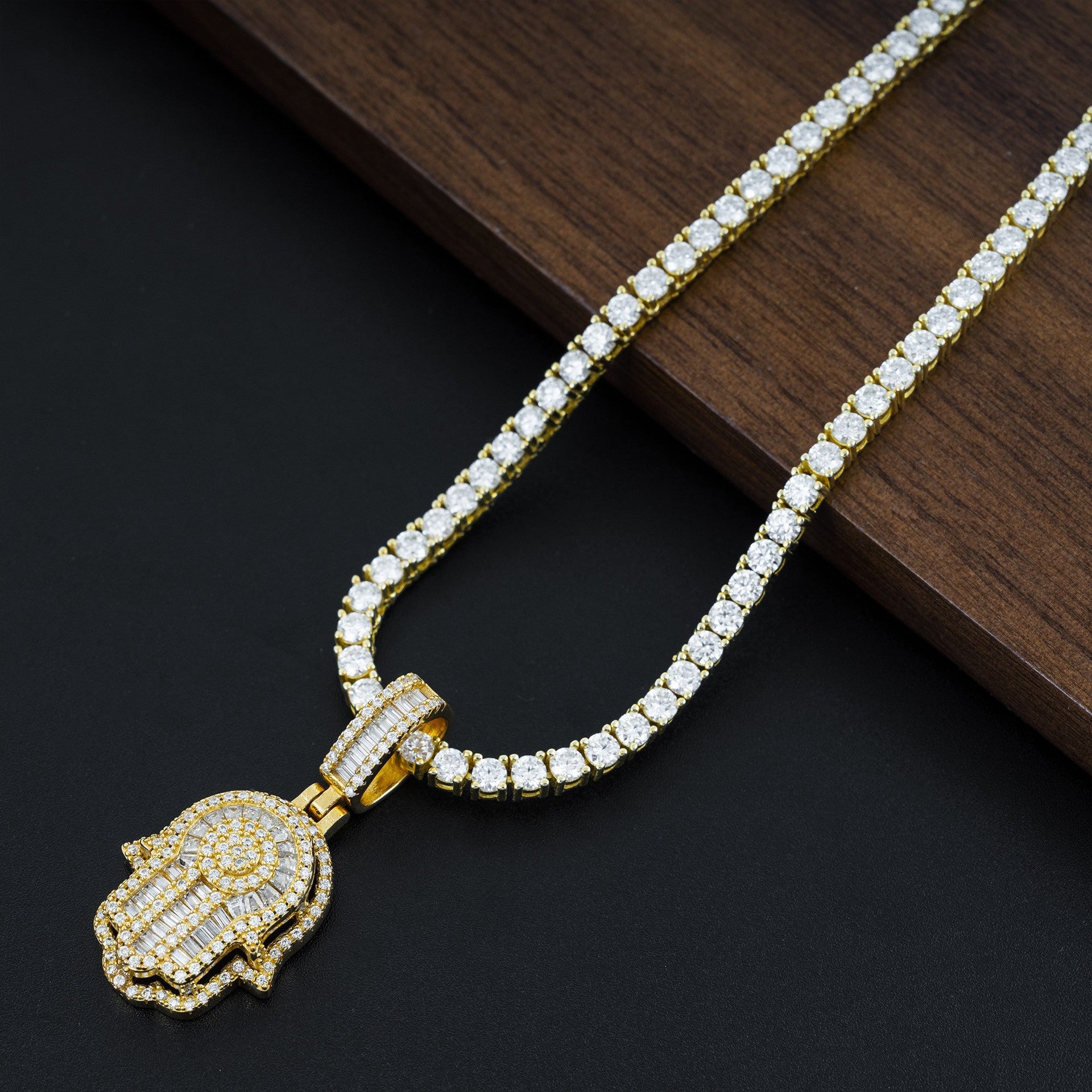 Silver VVS Moissanite Diamond Baguette Hamsa Hand Necklace Gubanlink