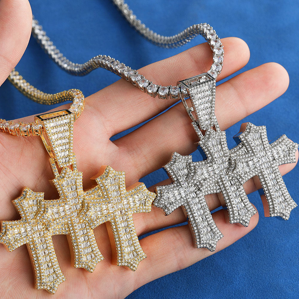 Moissanite Iced Out Baguette Cut Triple Cross Pendant gubanlink