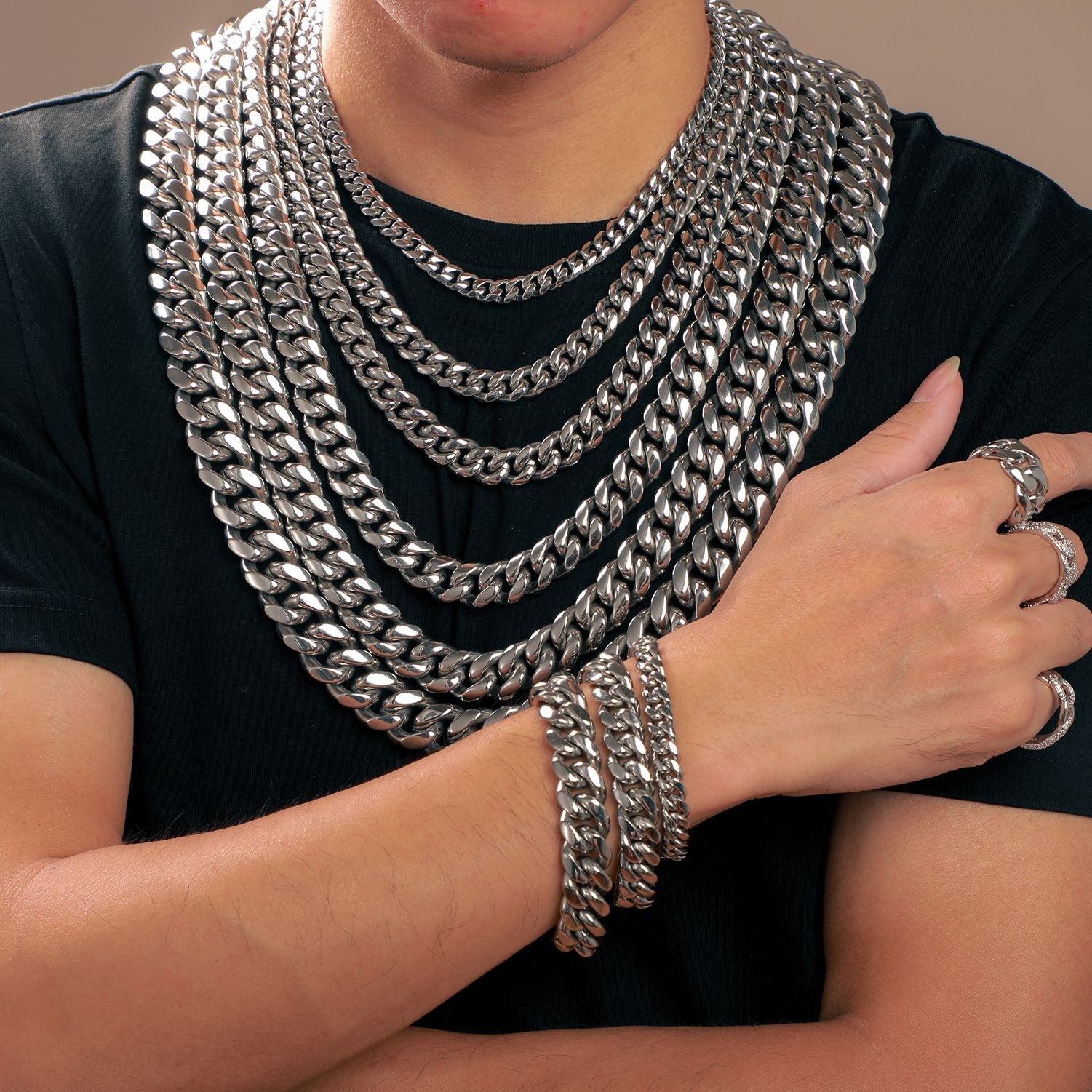 8/10/12/14/16/18MM White Gold Plated Stainless Steel Iced Out Miami Cuban Link Chain Thegoldlinks