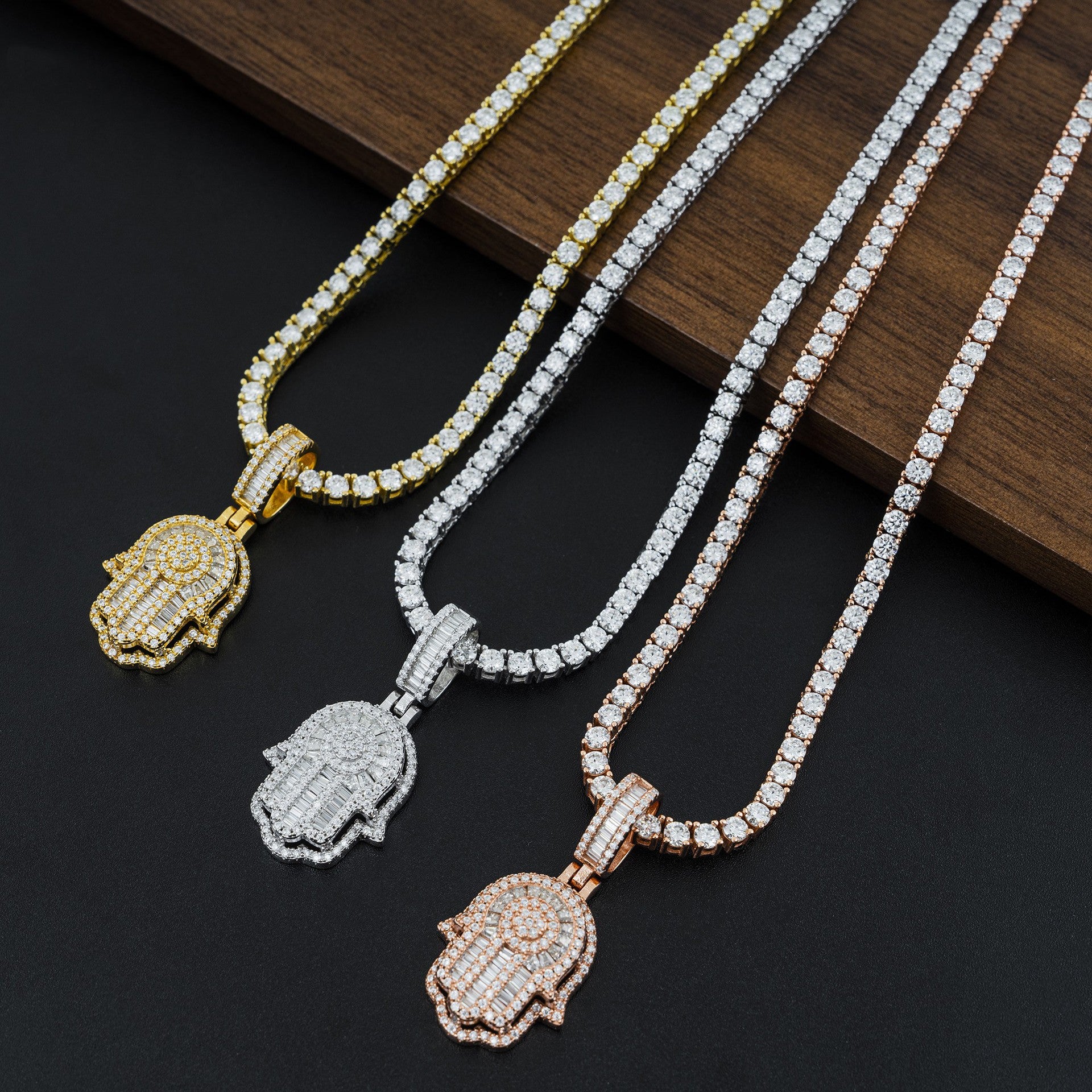 Silver VVS Moissanite Diamond Baguette Hamsa Hand Necklace