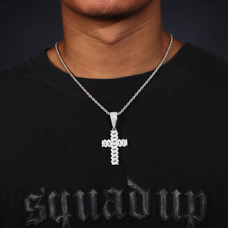 Moissanite and Diamond Cuban Cross Sterling Silver Pendant