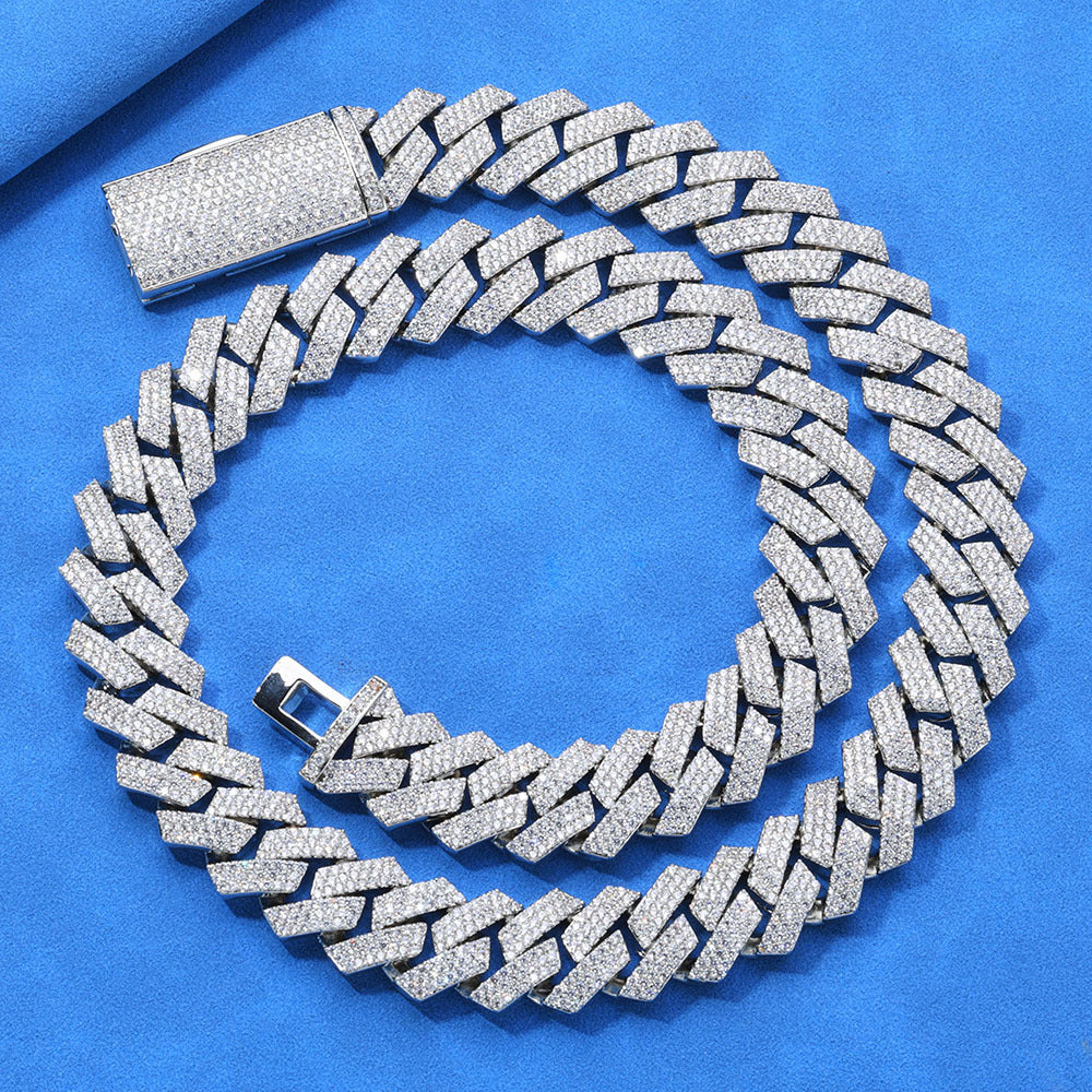 12mm S925 silver moissanite three-row  diamond Cuban Link Chain