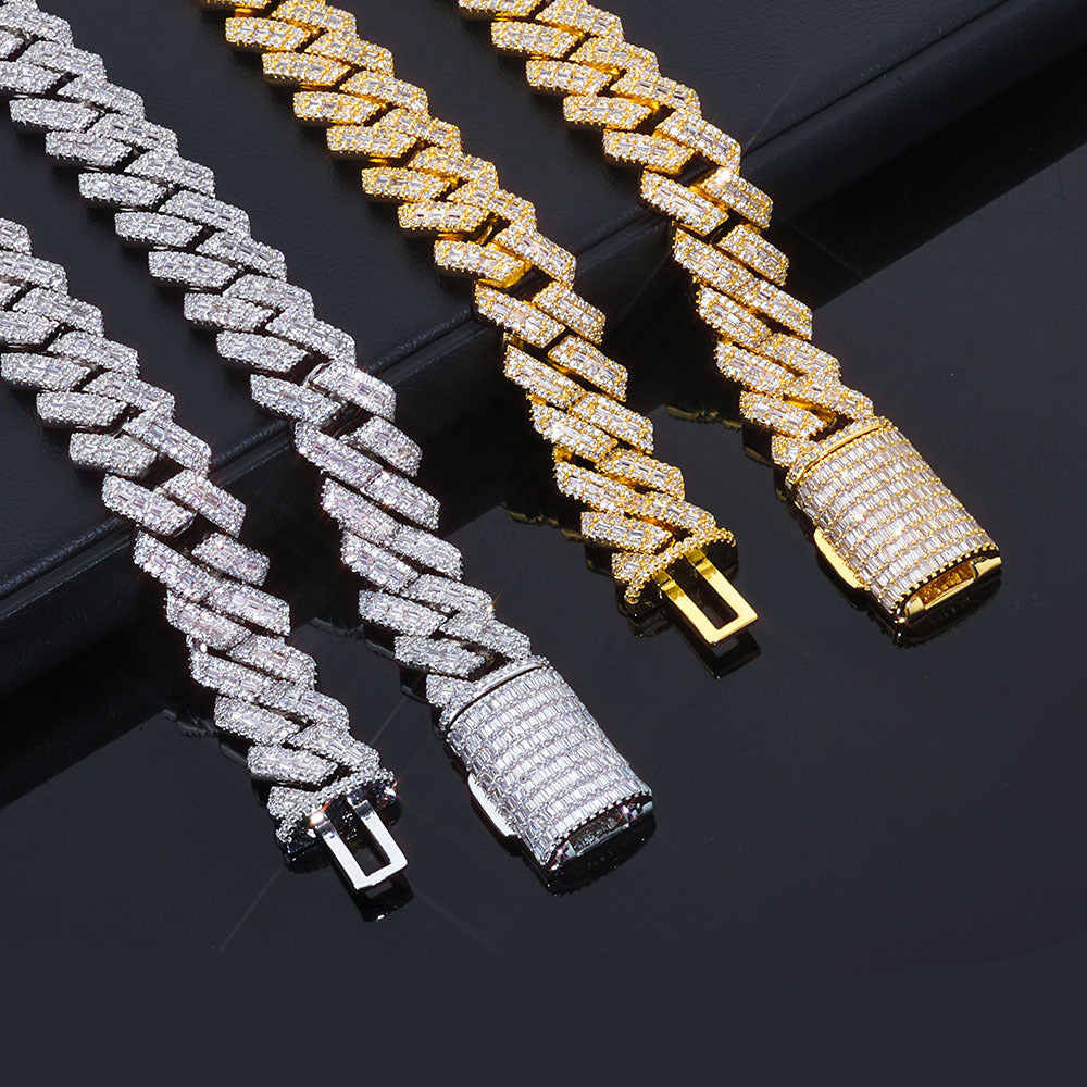 14mm S925 silver moissanite mixed inlaid T square diamond Cuban chain bracelet