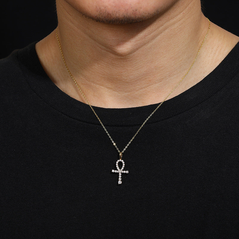 Moissanite and Diamond Micro Cross Pendant Necklace (Sterling Silver)