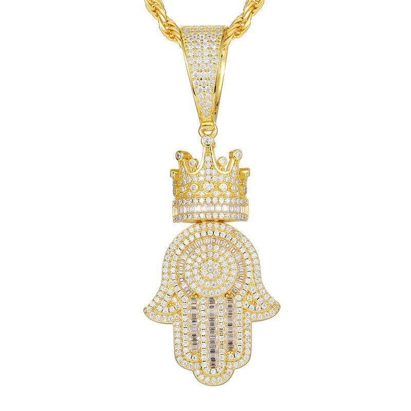 S925 Baguette Moissanite Hamsa Hand Pendant With Crown