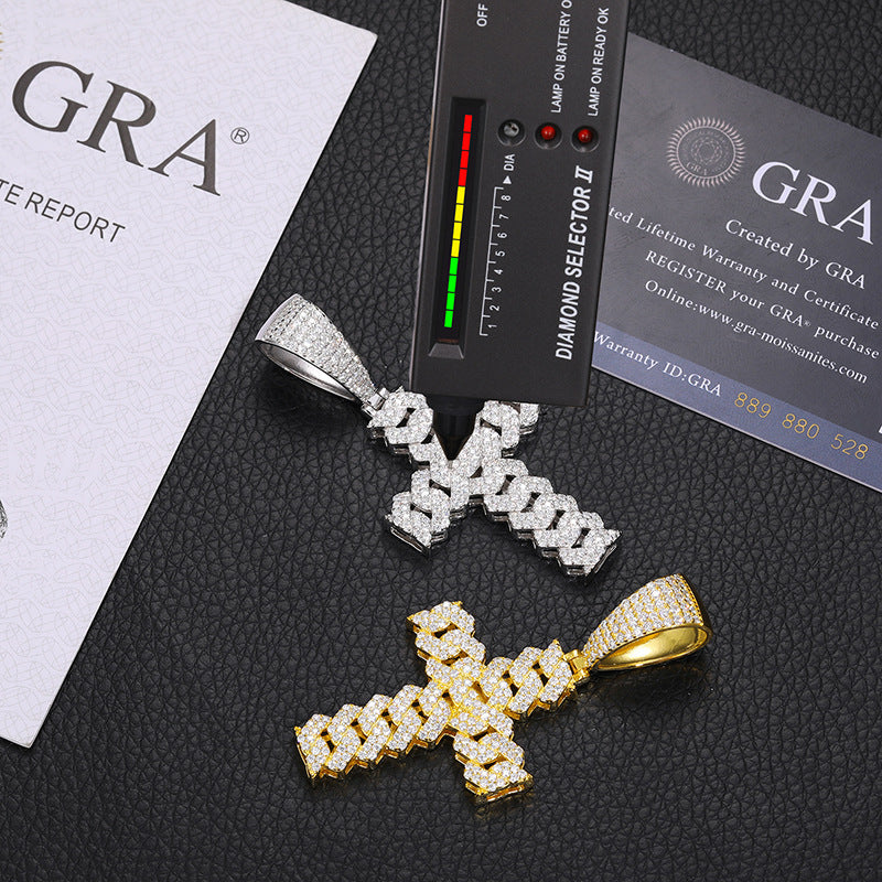 Moissanite and Diamond Cuban Cross Sterling Silver Pendant