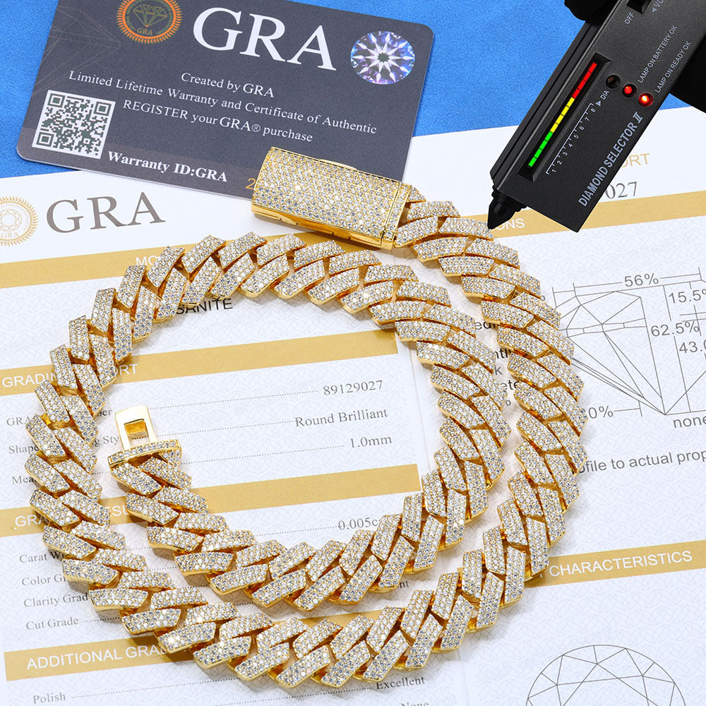 12mm S925 silver moissanite three-row  diamond Cuban Link Chain