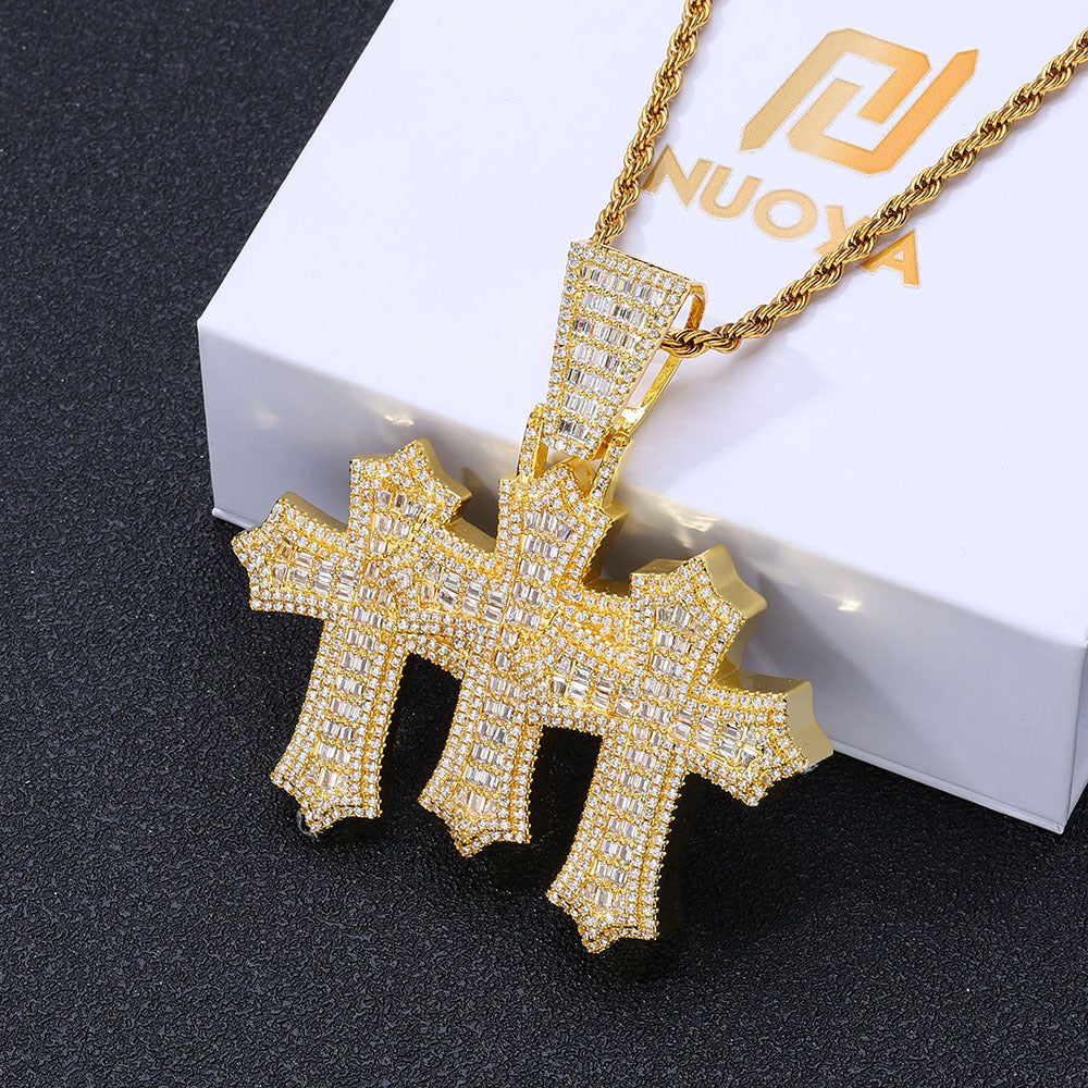Moissanite Iced Out Baguette Cut Triple Cross Pendant gubanlink