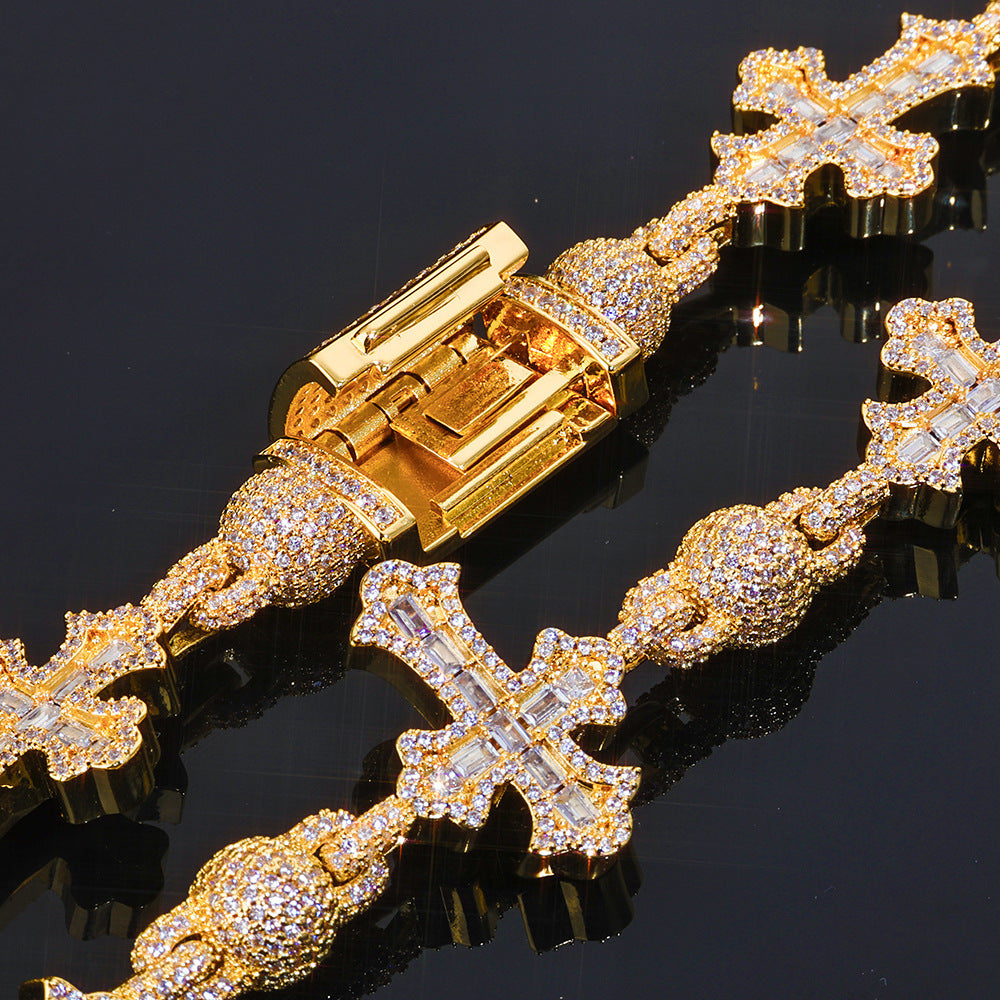 Full Diamond Round Bead T Square Zirconia Cross Cuban Link