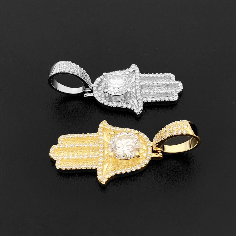 Solid Sterling Silver Genuine VVS Diamond Hamsa Hand Hip Hop Pendant