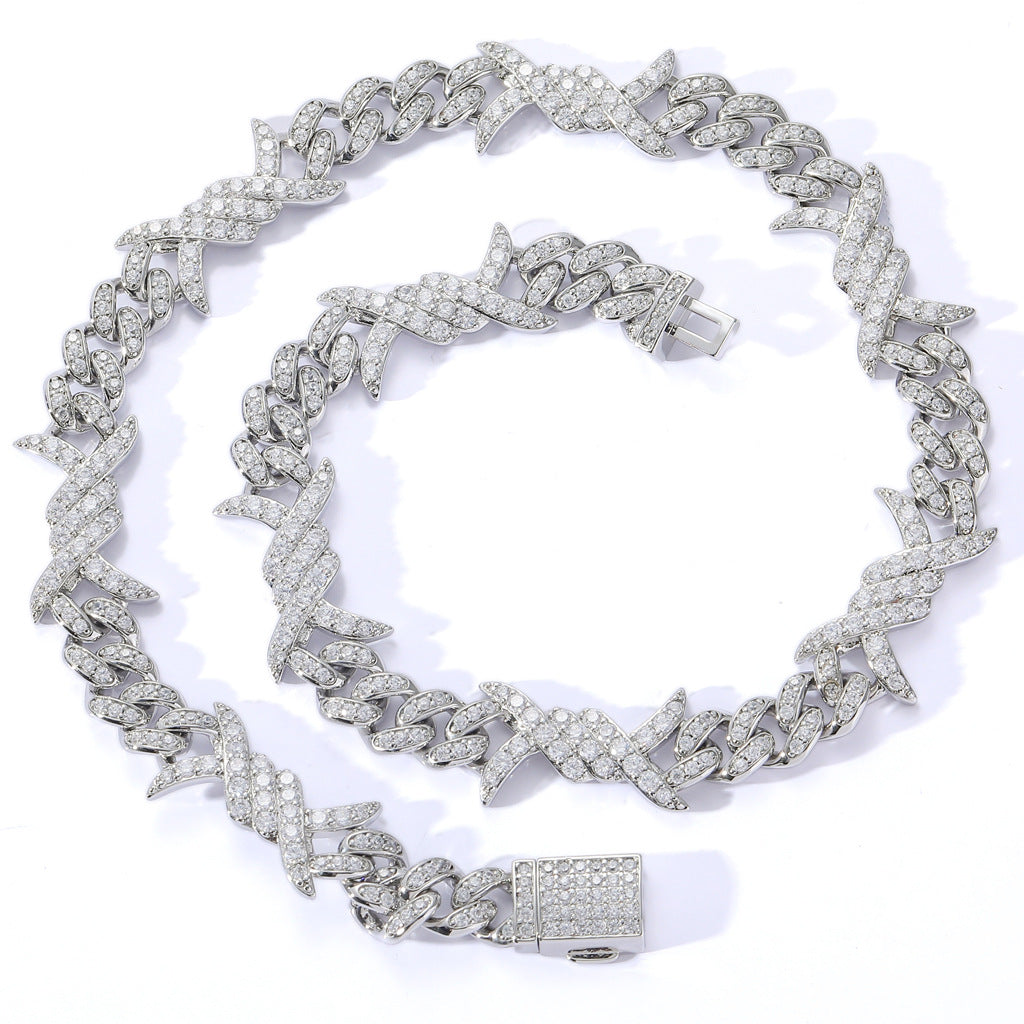 10MM White Gold Plated Iced Out Barb Wire Cuban Link Chain