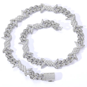 10MM White Gold Plated Iced Out Barb Wire Cuban Link Chain