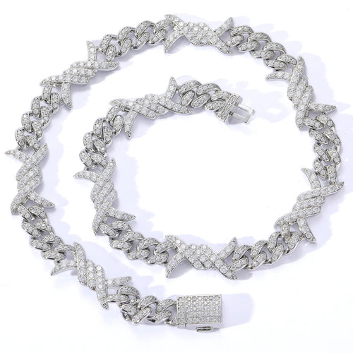 10MM White Gold Plated Iced Out Barb Wire Cuban Link Chain Thegoldlinks