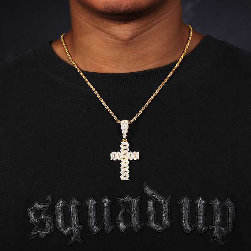 Moissanite and Diamond Cuban Cross Sterling Silver Pendant