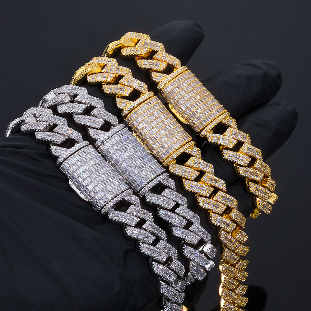 14mm S925 silver moissanite mixed inlaid T square diamond Cuban chain bracelet