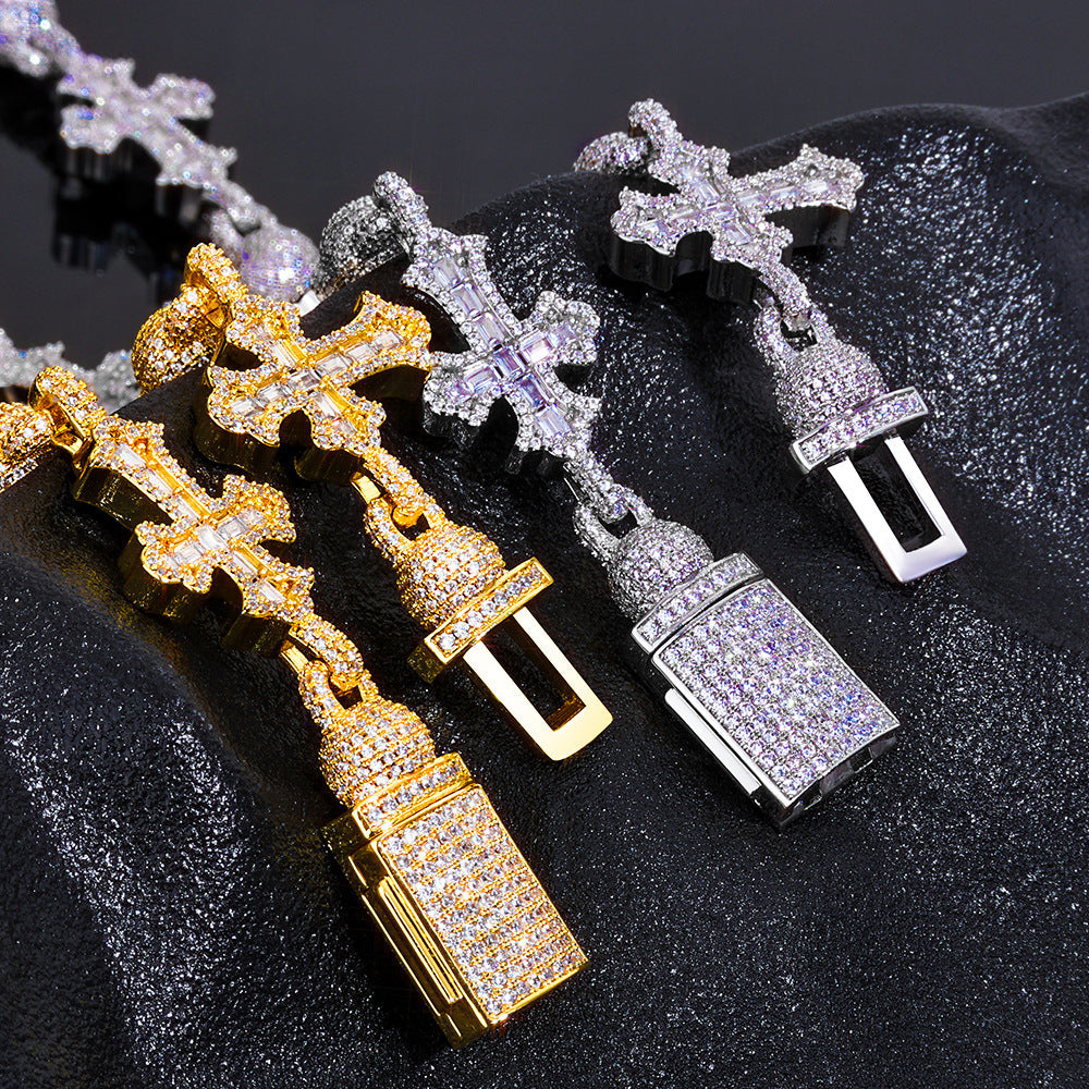 Full Diamond Round Bead T Square Zirconia Cross Cuban Link