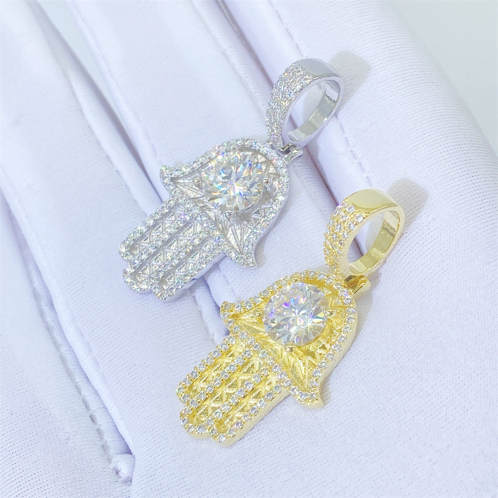 Solid Sterling Silver Genuine VVS Diamond Hamsa Hand Hip Hop Pendant