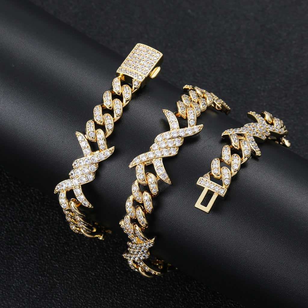 10MM 18K Gold  Plated Iced Out Barb Wire Cuban Link Chain