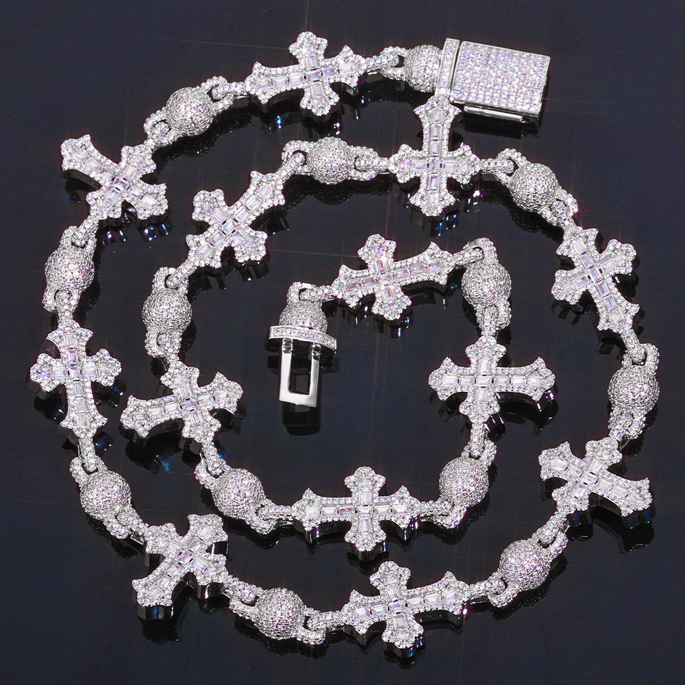 Full Diamond Round Bead T Square Zirconia Cross Cuban Link