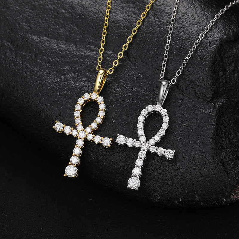 Moissanite and Diamond Micro Cross Pendant Necklace (Sterling Silver)