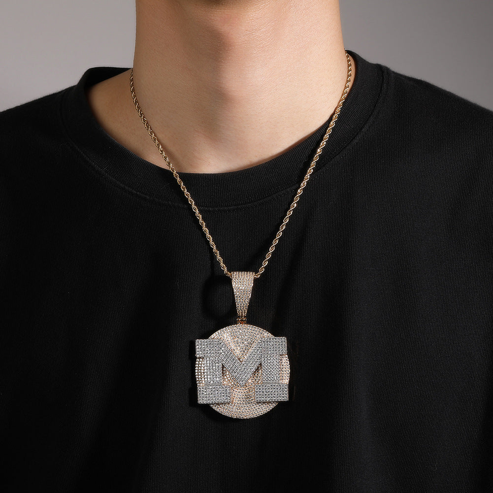 Custom Round Base Plate Large Letter Zircon Pendant