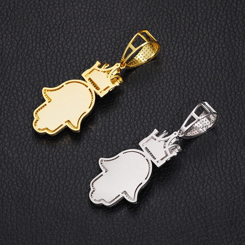 S925 Baguette Moissanite Hamsa Hand Pendant With Crown