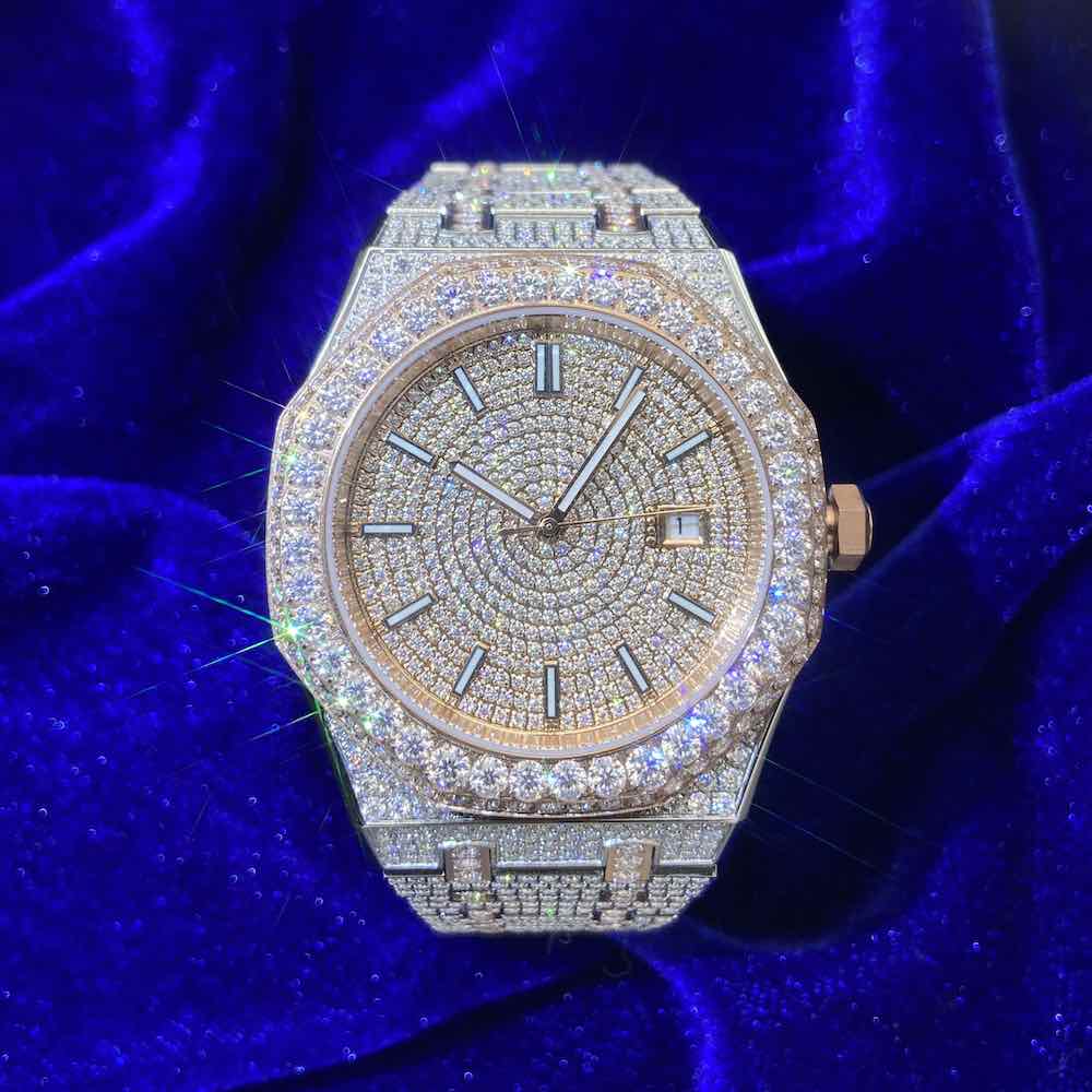 14K Rose Gold 44MM  Iced Out Bust Down Moissanite Watch Gubanlink