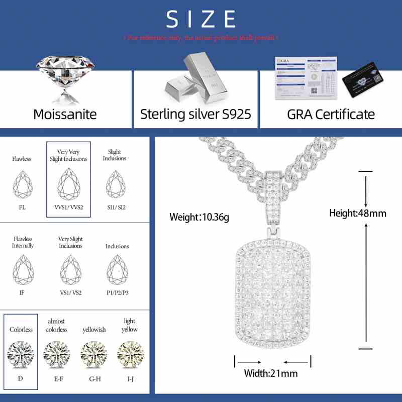 S925 Princess Cut Moissanite Dog Tag Pendant
