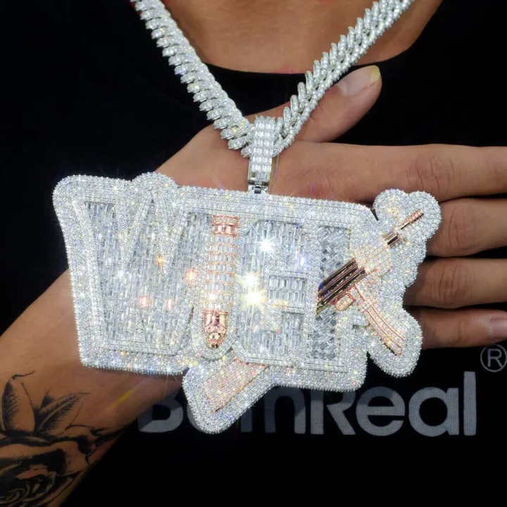 Custom VVS Moissanite Baguette Diamond Iced Hip Hop Rapper Name Pendant Gubanlink