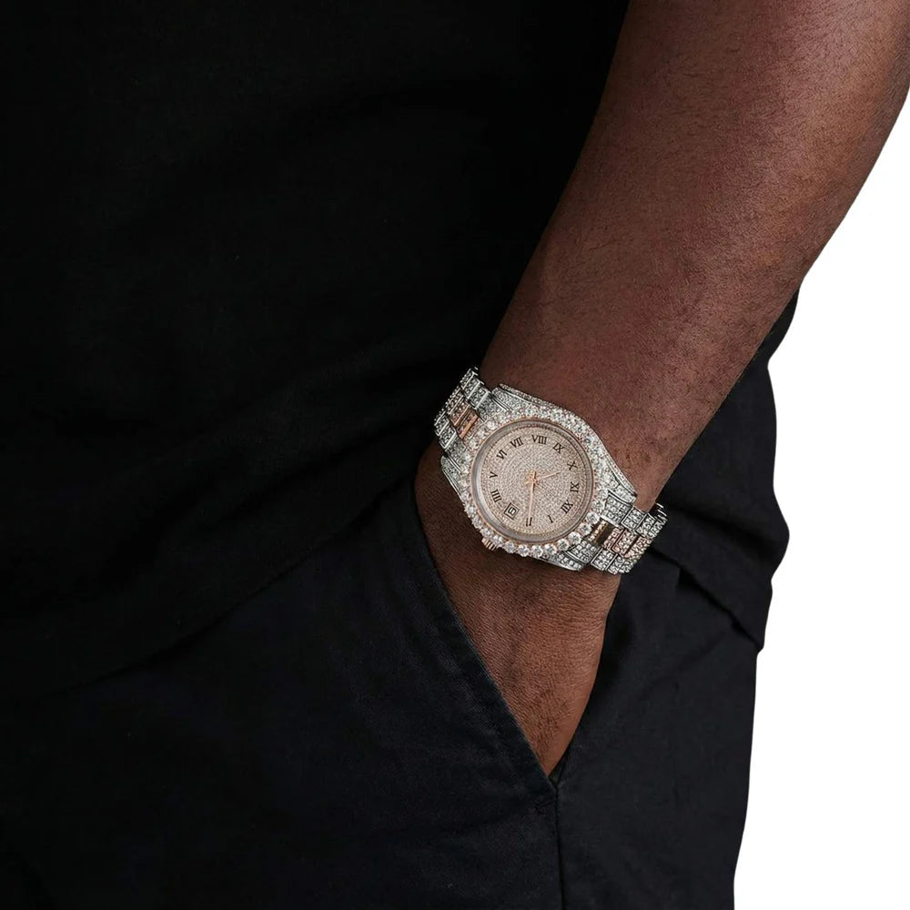 41MM | Roman Numeral Dial | 18.3CT Iced Out | 14K Rose Gold Moissanite Presidential Watch Gubanlink