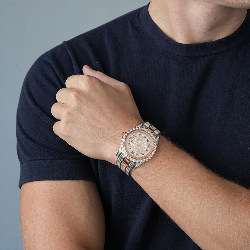41MM | Roman Numeral Dial | 18.3CT Iced Out | 14K Rose Gold Moissanite Presidential Watch Gubanlink