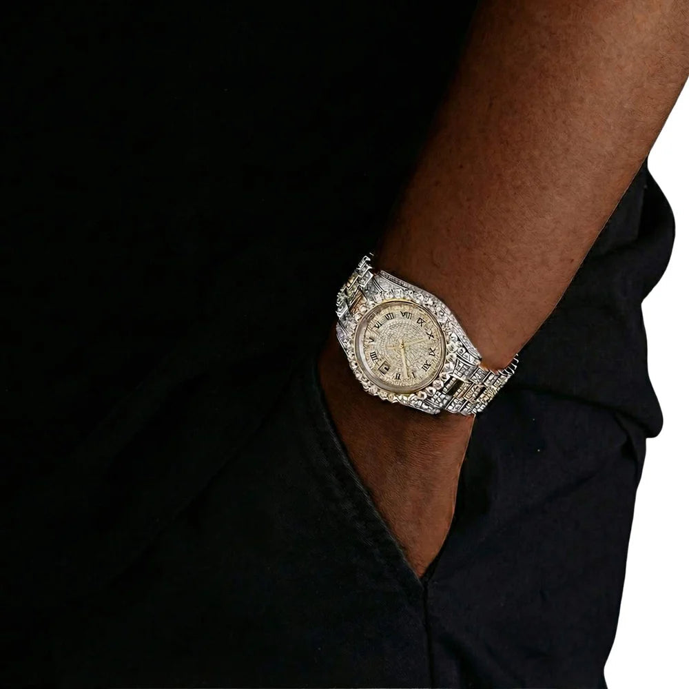 41MM | Roman Numeral Dial | 18.3CT Iced Out | 14K White and Yellow Gold Two Tone Moissanite Presidential Watch Gubanlink