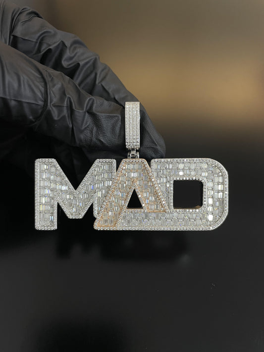 Custom silver moissanite "MAD" letter pendant