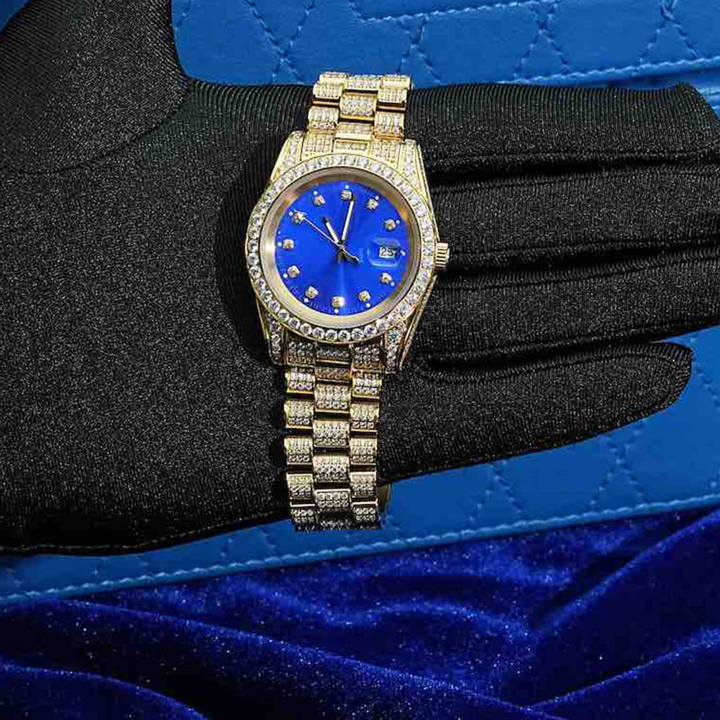 13.3CT Iced Out Blue Face 14K Yellow Gold 41MM  Moissanite Presidential Watch Gubanlink