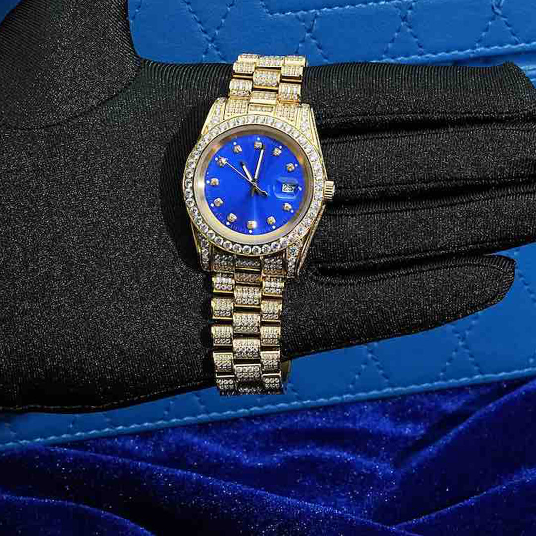 13.3CT Iced Out Blue Face 14K Yellow Gold 41MM  Moissanite Presidential Watch Gubanlink