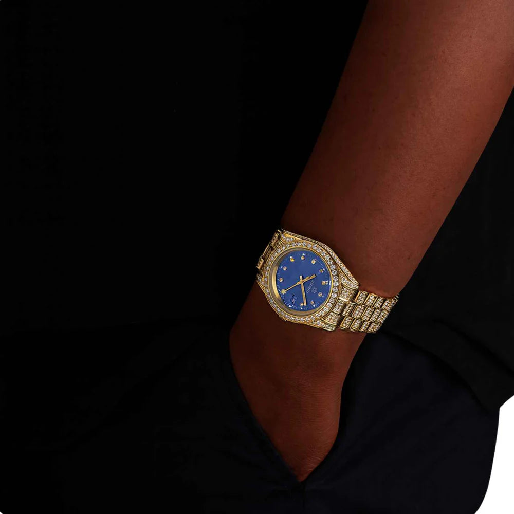 13.3CT Iced Out Blue Face 14K Yellow Gold 41MM  Moissanite Presidential Watch Gubanlink
