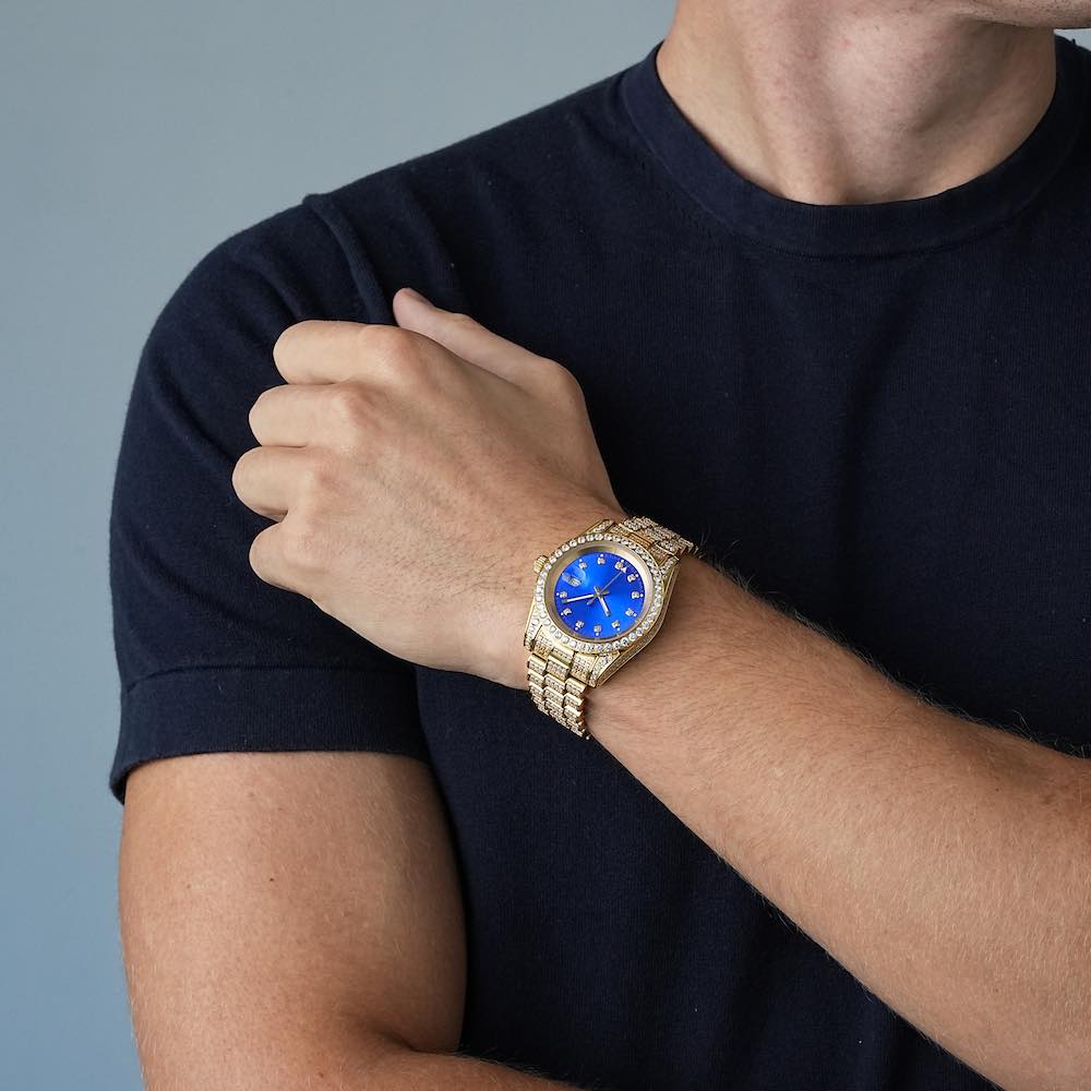 13.3CT Iced Out Blue Face 14K Yellow Gold 41MM  Moissanite Presidential Watch Gubanlink