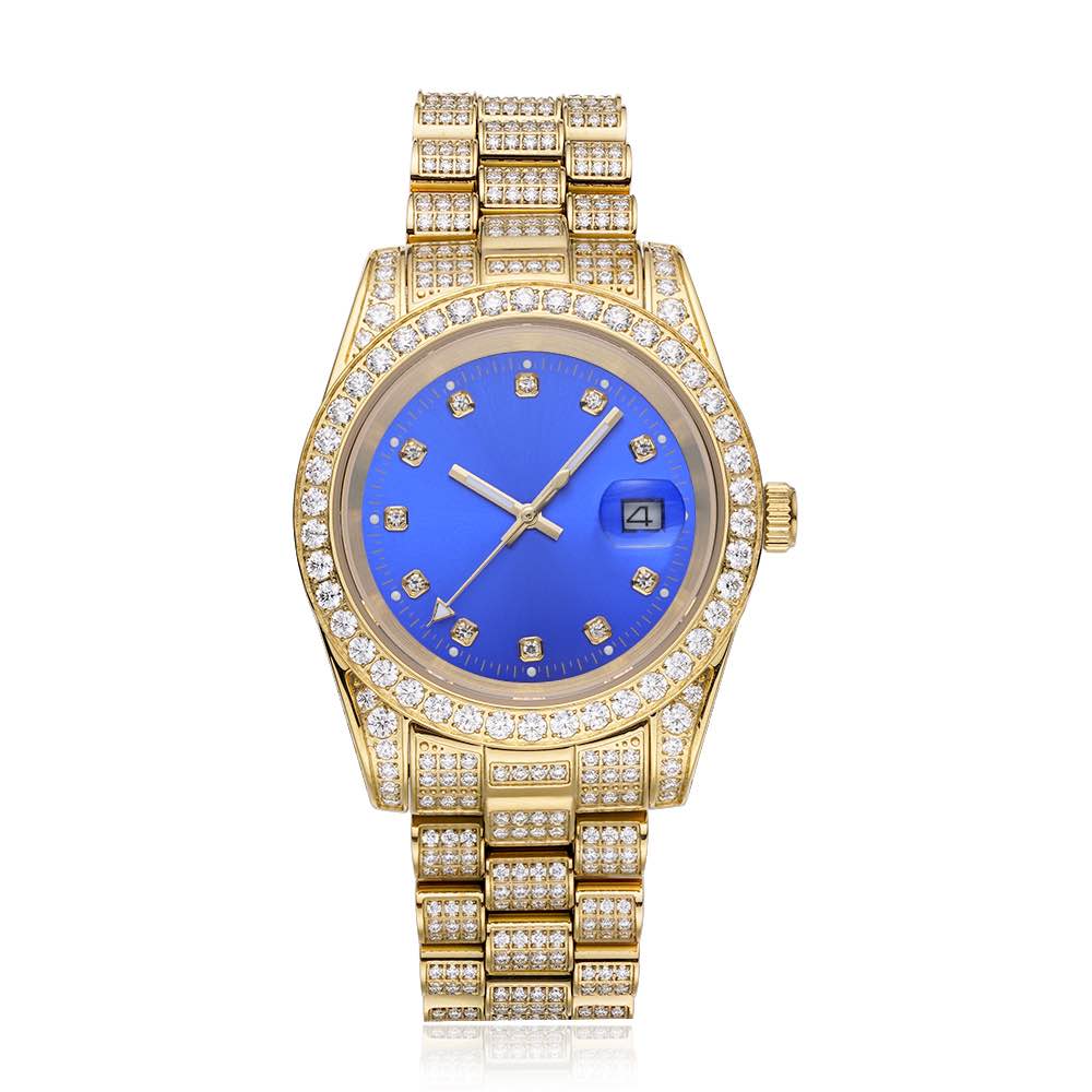 13.3CT Iced Out Blue Face 14K Yellow Gold 41MM  Moissanite Presidential Watch Gubanlink